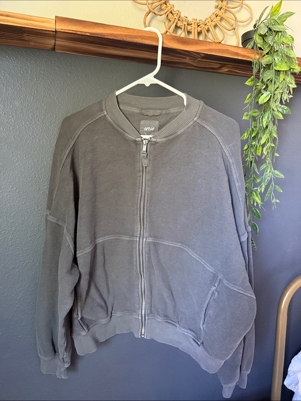 Aerie Smoked Gray Bomber Style Zip-Up Sweatshirt Jacket